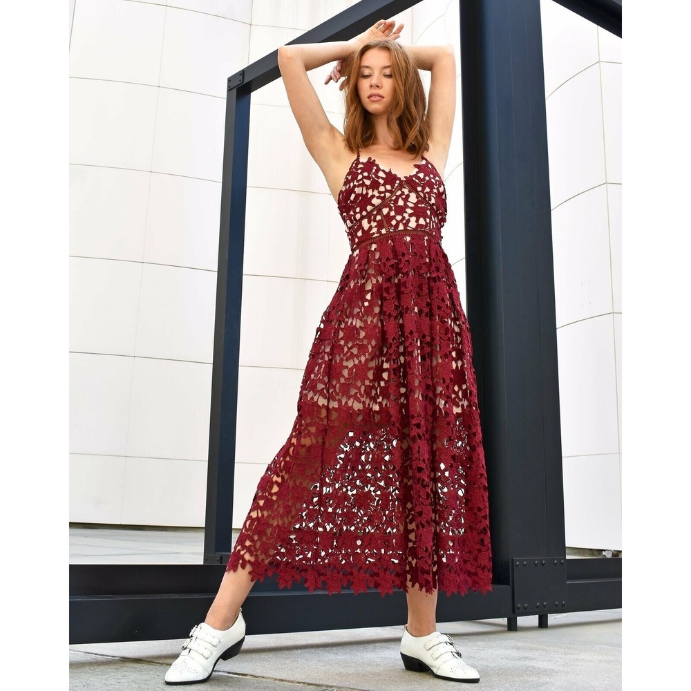 AQUA Lace Midi Dress Womens M Burgundy Wedding Guest Cocktail Crochet Romantic